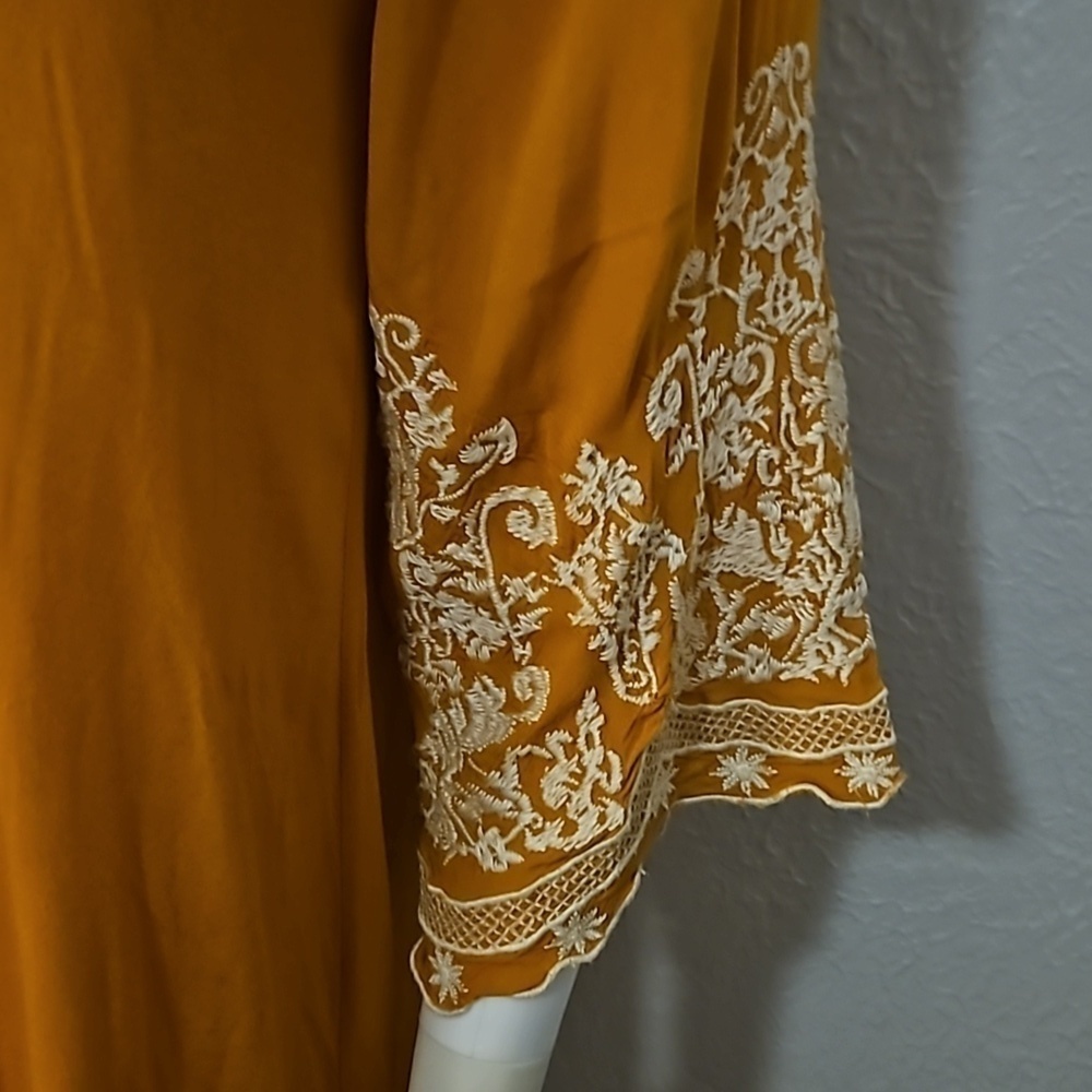 CHIC CONNECTION Mustard Yellow Floral Embroidered Boho Peasant Mini Dress - Picture 6 of 10